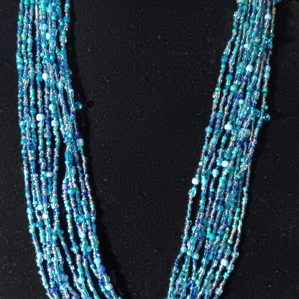 Multi-Strand Turquoise Blue Seed Bead Necklace - Women Jewelry - Picture 1 of 1
